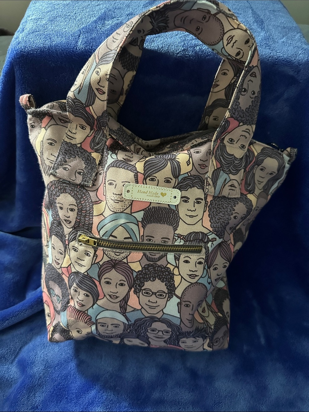 Handmade Multicolor Faces Print Tote Bag with Front Zip Pocket